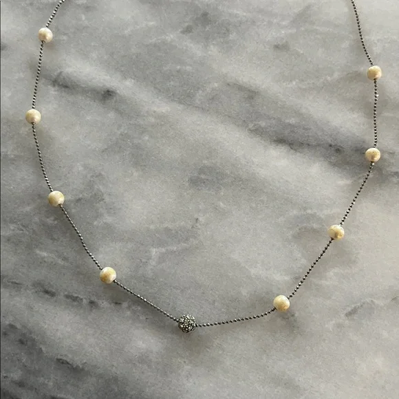 PREMIER DESIGNS Delicate Silver Tone Chain Necklace Faux Pearls Crystal Bead - Picture 2 of 4